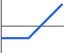 Diagramm D: Linie verläuft links konstant im Verlust, steigt ab einem Knick nach rechts oben